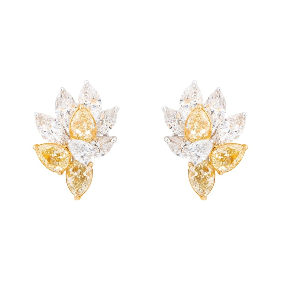 White & Yellow Diamond Petal Stud Earrings